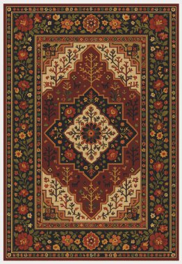 Halk sanatı, yüksek çözünürlüklü modern desenli İran Vektör Halısı 'ndan esinlenerek beyaz tuval üzerinde trend renkleri ile izole edilmiştir.