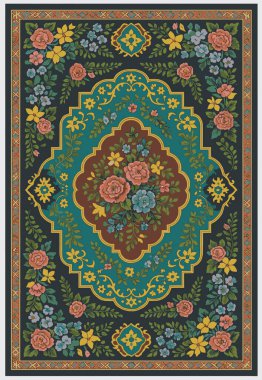 Halk sanatı, yüksek çözünürlüklü modern desenli İran Vektör Halısı 'ndan esinlenerek beyaz tuval üzerinde trend renkleri ile izole edilmiştir.