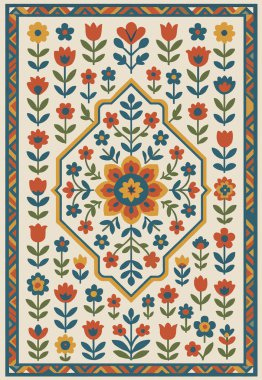 Halk sanatı, yüksek çözünürlüklü modern desenli İran Vektör Halısı 'ndan esinlenerek beyaz tuval üzerinde trend renkleri ile izole edilmiştir.