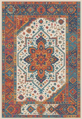 Halk sanatı, yüksek çözünürlüklü modern desenli İran Vektör Halısı 'ndan esinlenerek beyaz tuval üzerinde trend renkleri ile izole edilmiştir.