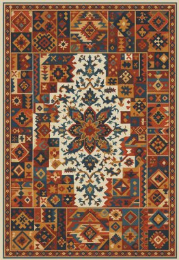 Halk sanatı, yüksek çözünürlüklü modern desenli İran Vektör Halısı 'ndan esinlenerek beyaz tuval üzerinde trend renkleri ile izole edilmiştir.