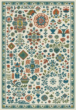 Halk sanatı, yüksek çözünürlüklü modern desenli İran Vektör Halısı 'ndan esinlenerek beyaz tuval üzerinde trend renkleri ile izole edilmiştir.