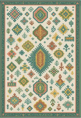 Halk sanatı, yüksek çözünürlüklü modern desenli İran Vektör Halısı 'ndan esinlenerek beyaz tuval üzerinde trend renkleri ile izole edilmiştir.