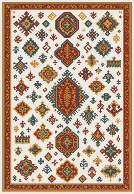 Halk sanatı, yüksek çözünürlüklü modern desenli İran Vektör Halısı 'ndan esinlenerek beyaz tuval üzerinde trend renkleri ile izole edilmiştir.