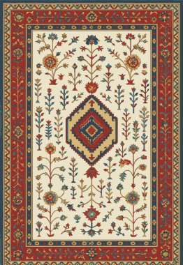 Halk sanatı, yüksek çözünürlüklü modern desenli İran Vektör Halısı 'ndan esinlenerek beyaz tuval üzerinde trend renkleri ile izole edilmiştir.