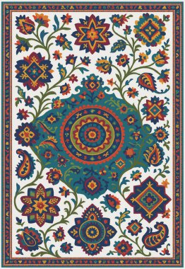 Halk sanatı, yüksek çözünürlüklü modern desenli İran Vektör Halısı 'ndan esinlenerek beyaz tuval üzerinde trend renkleri ile izole edilmiştir.