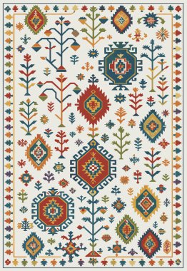 Halk sanatı, yüksek çözünürlüklü modern desenli İran Vektör Halısı 'ndan esinlenerek beyaz tuval üzerinde trend renkleri ile izole edilmiştir.