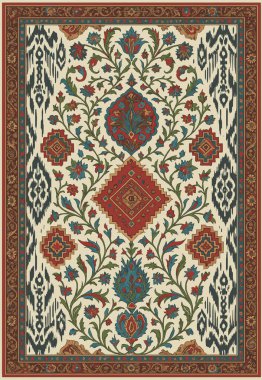 Halk sanatı, yüksek çözünürlüklü modern desenli İran Vektör Halısı 'ndan esinlenerek beyaz tuval üzerinde trend renkleri ile izole edilmiştir.