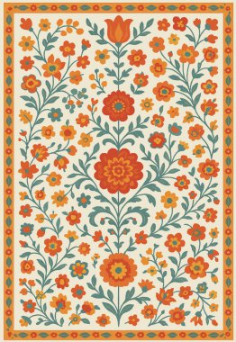 Halk sanatı, yüksek çözünürlüklü modern desenli İran Vektör Halısı 'ndan esinlenerek beyaz tuval üzerinde trend renkleri ile izole edilmiştir.