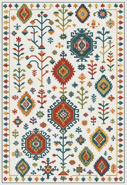 Halk sanatı, yüksek çözünürlüklü modern desenli İran Vektör Halısı 'ndan esinlenerek beyaz tuval üzerinde trend renkleri ile izole edilmiştir.