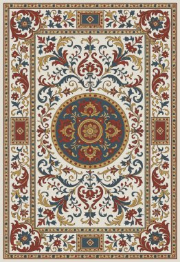 Halk sanatı, yüksek çözünürlüklü modern desenli İran Vektör Halısı 'ndan esinlenerek beyaz tuval üzerinde trend renkleri ile izole edilmiştir.