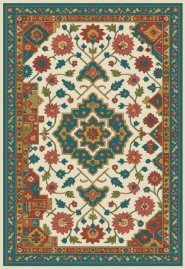 Halk sanatı, yüksek çözünürlüklü modern desenli İran Vektör Halısı 'ndan esinlenerek beyaz tuval üzerinde trend renkleri ile izole edilmiştir.