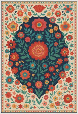 Halk sanatı, yüksek çözünürlüklü modern desenli İran Vektör Halısı 'ndan esinlenerek beyaz tuval üzerinde trend renkleri ile izole edilmiştir.