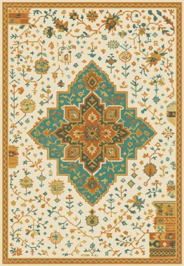 Halk sanatı, yüksek çözünürlüklü modern desenli İran Vektör Halısı 'ndan esinlenerek beyaz tuval üzerinde trend renkleri ile izole edilmiştir.