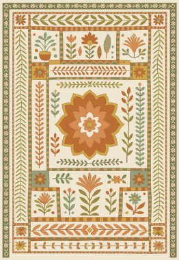 Halk sanatı, yüksek çözünürlüklü modern desenli İran Vektör Halısı 'ndan esinlenerek beyaz tuval üzerinde trend renkleri ile izole edilmiştir.