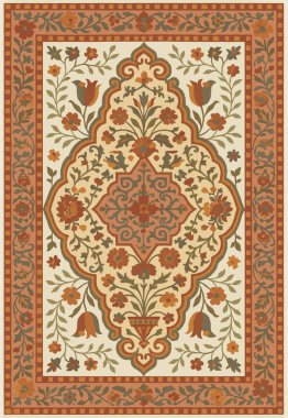 Halk sanatı, yüksek çözünürlüklü modern desenli İran Vektör Halısı 'ndan esinlenerek beyaz tuval üzerinde trend renkleri ile izole edilmiştir.