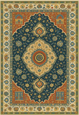 Halk sanatı, yüksek çözünürlüklü modern desenli İran Vektör Halısı 'ndan esinlenerek beyaz tuval üzerinde trend renkleri ile izole edilmiştir.