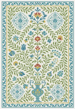 Halk sanatı, yüksek çözünürlüklü modern desenli İran Vektör Halısı 'ndan esinlenerek beyaz tuval üzerinde trend renkleri ile izole edilmiştir.