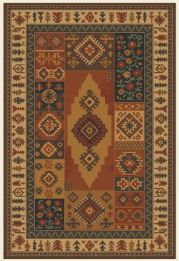 Halk sanatı, yüksek çözünürlüklü modern desenli İran Vektör Halısı 'ndan esinlenerek beyaz tuval üzerinde trend renkleri ile izole edilmiştir.