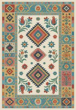 Halk sanatı, yüksek çözünürlüklü modern desenli İran Vektör Halısı 'ndan esinlenerek beyaz tuval üzerinde trend renkleri ile izole edilmiştir.