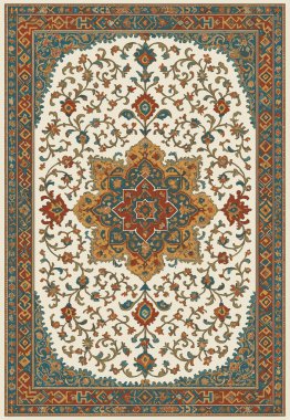 Halk sanatı, yüksek çözünürlüklü modern desenli İran Vektör Halısı 'ndan esinlenerek beyaz tuval üzerinde trend renkleri ile izole edilmiştir.