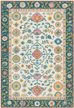 Halk sanatı, yüksek çözünürlüklü modern desenli İran Vektör Halısı 'ndan esinlenerek beyaz tuval üzerinde trend renkleri ile izole edilmiştir.