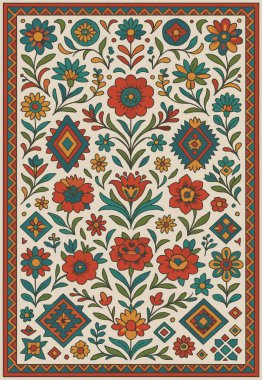 Halk sanatı, yüksek çözünürlüklü modern desenli İran Vektör Halısı 'ndan esinlenerek beyaz tuval üzerinde trend renkleri ile izole edilmiştir.