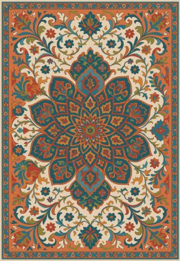 Halk sanatı, yüksek çözünürlüklü modern desenli İran Vektör Halısı 'ndan esinlenerek beyaz tuval üzerinde trend renkleri ile izole edilmiştir.