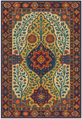 Halk sanatı, yüksek çözünürlüklü modern desenli İran Vektör Halısı 'ndan esinlenerek beyaz tuval üzerinde trend renkleri ile izole edilmiştir.