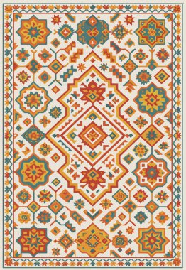 Halk sanatı, yüksek çözünürlüklü modern desenli İran Vektör Halısı 'ndan esinlenerek beyaz tuval üzerinde trend renkleri ile izole edilmiştir.