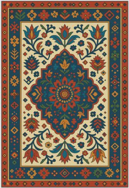 Halk sanatı, yüksek çözünürlüklü modern desenli İran Vektör Halısı 'ndan esinlenerek beyaz tuval üzerinde trend renkleri ile izole edilmiştir.