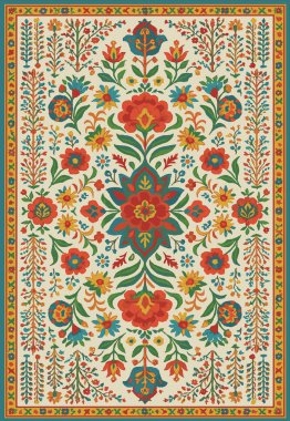 Halk sanatı, yüksek çözünürlüklü modern desenli İran Vektör Halısı 'ndan esinlenerek beyaz tuval üzerinde trend renkleri ile izole edilmiştir.