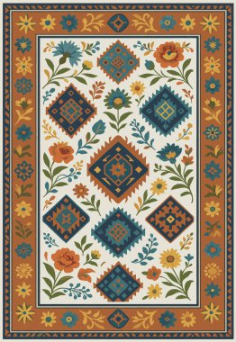 Halk sanatı, yüksek çözünürlüklü modern desenli İran Vektör Halısı 'ndan esinlenerek beyaz tuval üzerinde trend renkleri ile izole edilmiştir.