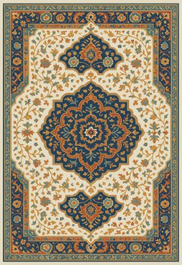 Halk sanatı, yüksek çözünürlüklü modern desenli İran Vektör Halısı 'ndan esinlenerek beyaz tuval üzerinde trend renkleri ile izole edilmiştir.