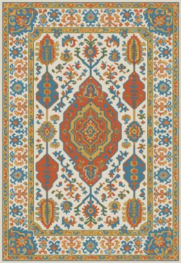 Halk sanatı, yüksek çözünürlüklü modern desenli İran Vektör Halısı 'ndan esinlenerek beyaz tuval üzerinde trend renkleri ile izole edilmiştir.