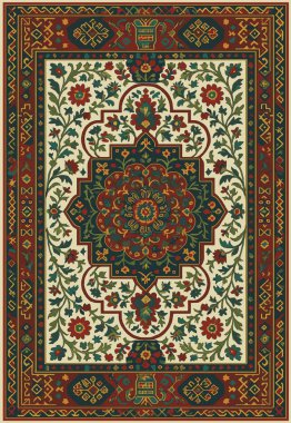 Halk sanatı, yüksek çözünürlüklü modern desenli İran Vektör Halısı 'ndan esinlenerek beyaz tuval üzerinde trend renkleri ile izole edilmiştir.