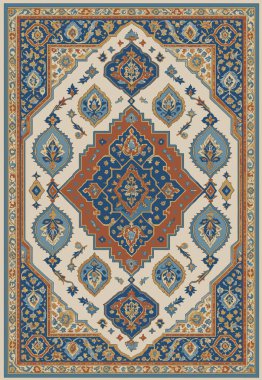 Halk sanatı, yüksek çözünürlüklü modern desenli İran Vektör Halısı 'ndan esinlenerek beyaz tuval üzerinde trend renkleri ile izole edilmiştir.