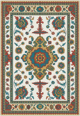 Halk sanatı, yüksek çözünürlüklü modern desenli İran Vektör Halısı 'ndan esinlenerek beyaz tuval üzerinde trend renkleri ile izole edilmiştir.