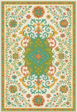 Halk sanatı, yüksek çözünürlüklü modern desenli İran Vektör Halısı 'ndan esinlenerek beyaz tuval üzerinde trend renkleri ile izole edilmiştir.