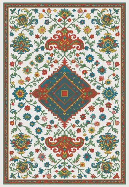 Halk sanatı, yüksek çözünürlüklü modern desenli İran Vektör Halısı 'ndan esinlenerek beyaz tuval üzerinde trend renkleri ile izole edilmiştir.