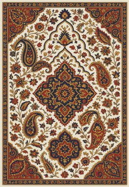 Halk sanatı, yüksek çözünürlüklü modern desenli İran Vektör Halısı 'ndan esinlenerek beyaz tuval üzerinde trend renkleri ile izole edilmiştir.