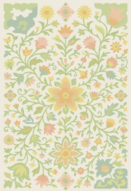 Halk sanatı, yüksek çözünürlüklü modern desenli İran Vektör Halısı 'ndan esinlenerek beyaz tuval üzerinde trend renkleri ile izole edilmiştir.