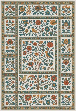 Halk sanatı, yüksek çözünürlüklü modern desenli İran Vektör Halısı 'ndan esinlenerek beyaz tuval üzerinde trend renkleri ile izole edilmiştir.