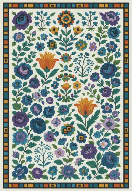 Halk sanatı, yüksek çözünürlüklü modern desenli İran Vektör Halısı 'ndan esinlenerek beyaz tuval üzerinde trend renkleri ile izole edilmiştir.