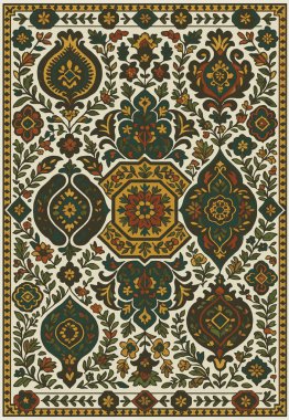 Halk sanatı, yüksek çözünürlüklü modern desenli İran Vektör Halısı 'ndan esinlenerek beyaz tuval üzerinde trend renkleri ile izole edilmiştir.