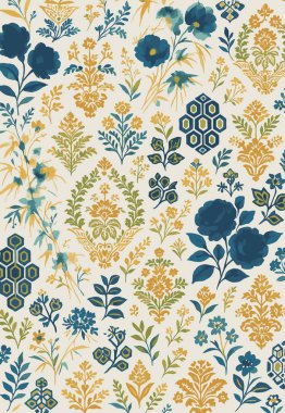 Halk sanatı, yüksek çözünürlüklü modern desenli İran Vektör Halısı 'ndan esinlenerek beyaz tuval üzerinde trend renkleri ile izole edilmiştir.