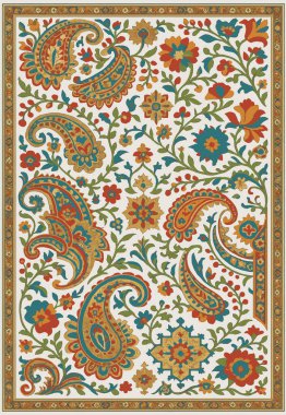 Halk sanatı, yüksek çözünürlüklü modern desenli İran Vektör Halısı 'ndan esinlenerek beyaz tuval üzerinde trend renkleri ile izole edilmiştir.