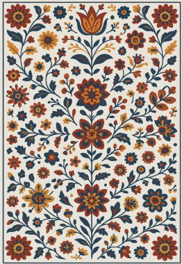 Halk sanatı, yüksek çözünürlüklü modern desenli İran Vektör Halısı 'ndan esinlenerek beyaz tuval üzerinde trend renkleri ile izole edilmiştir.