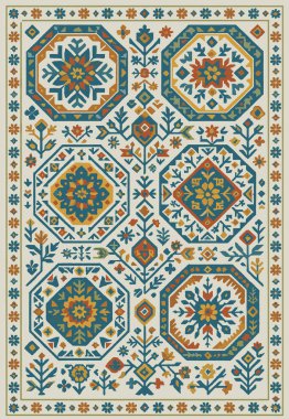 Halk sanatı, yüksek çözünürlüklü modern desenli İran Vektör Halısı 'ndan esinlenerek beyaz tuval üzerinde trend renkleri ile izole edilmiştir.