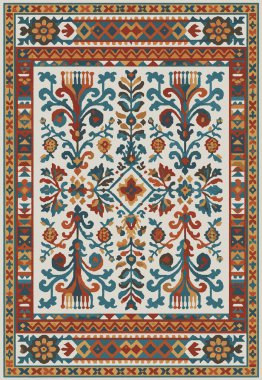 Halk sanatı, yüksek çözünürlüklü modern desenli İran Vektör Halısı 'ndan esinlenerek beyaz tuval üzerinde trend renkleri ile izole edilmiştir.